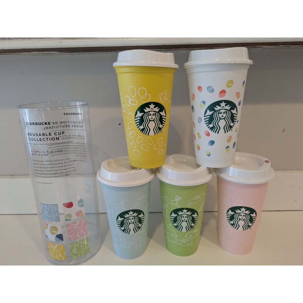 Starbucks 2018 Reusable Easter Pastel Cups Set Of 5 16oz cups W/Lids Rabbit Egg